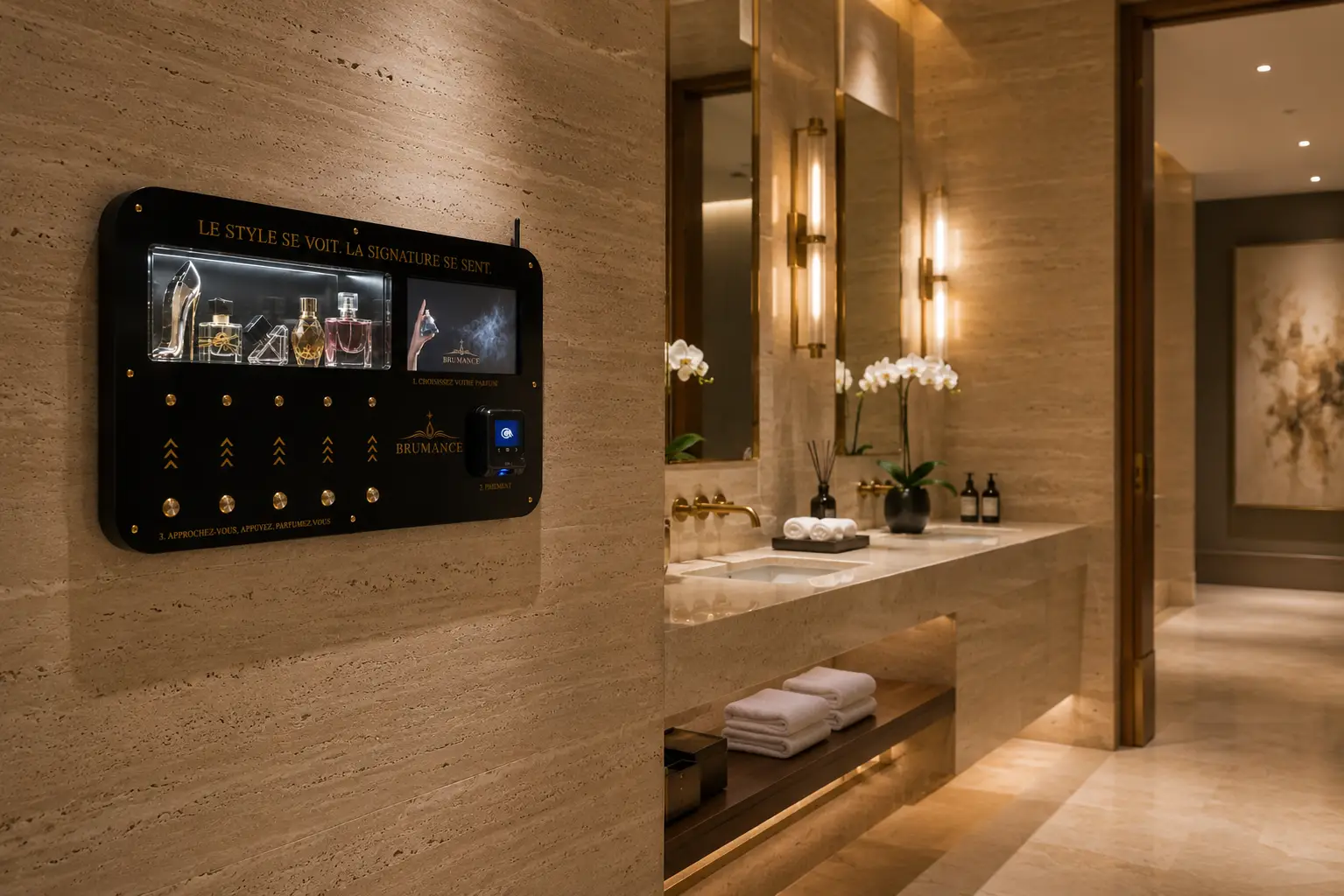 Borne BRUMANCE installée dans une salle de bain luxueuse en travertin avec robinetterie dorée et orchidées blanches